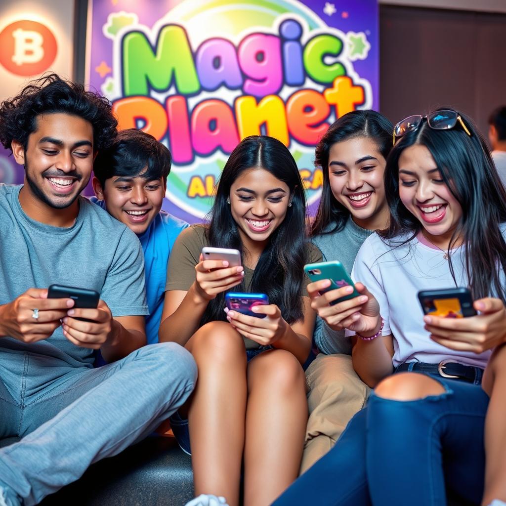 A vibrant scene featuring a group of young adults enthusiastically playing battle royale mobile games together, showcasing their joy and excitement