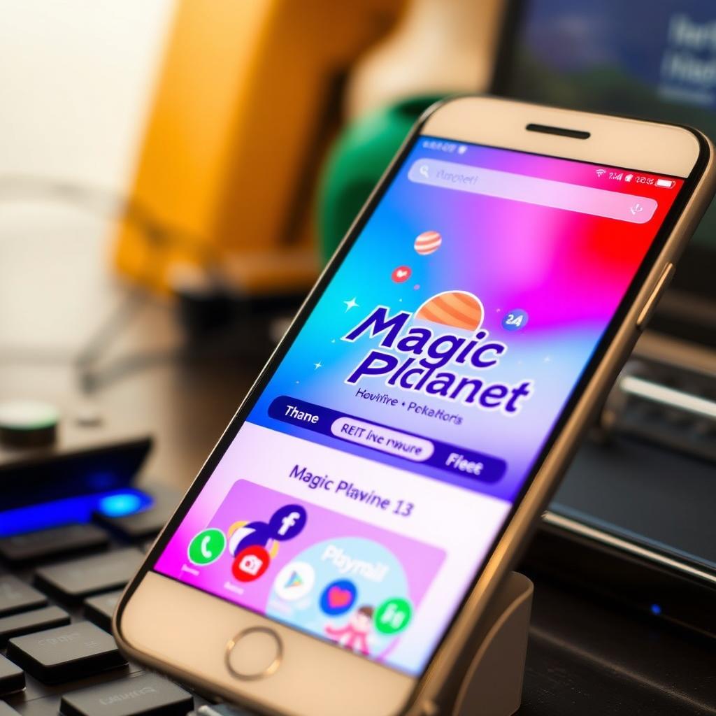 A modern smartphone displaying a vibrant website interface with the name 'Magic Planet' prominently featured on the screen