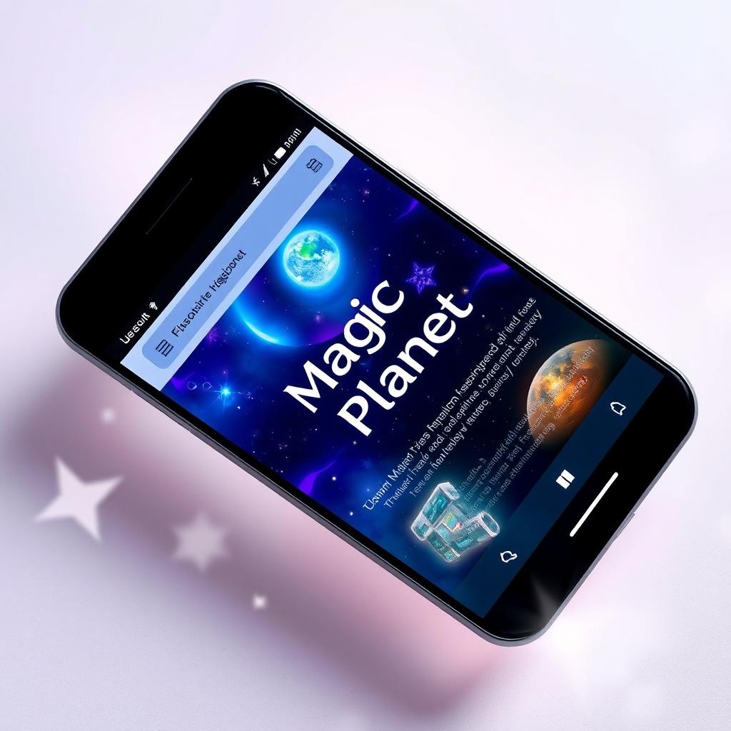 A high-tech smartphone displaying a sleek website with the name 'Magic Planet' prominently featured on the screen