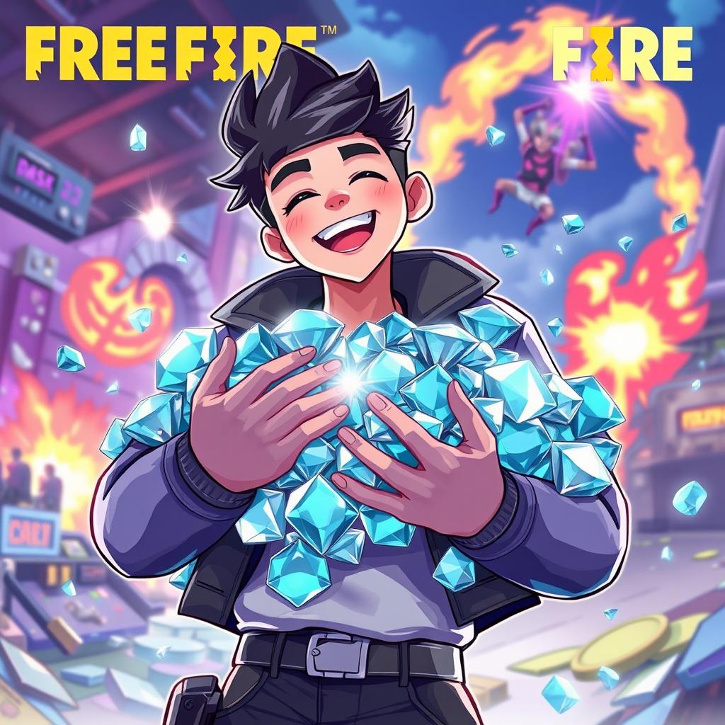 A stunning illustration depicting a character from the game Free Fire joyfully holding a large pile of diamonds, with a backdrop of a vibrant, action-packed gaming environment