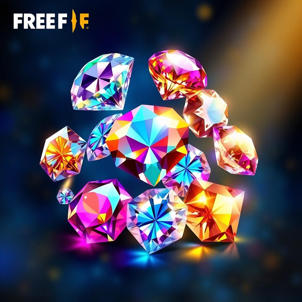 A collection of vibrant and glittering diamonds inspired by the game Free Fire, showcasing various shapes and sizes, with a crystal-like texture reflecting light in multiple colors