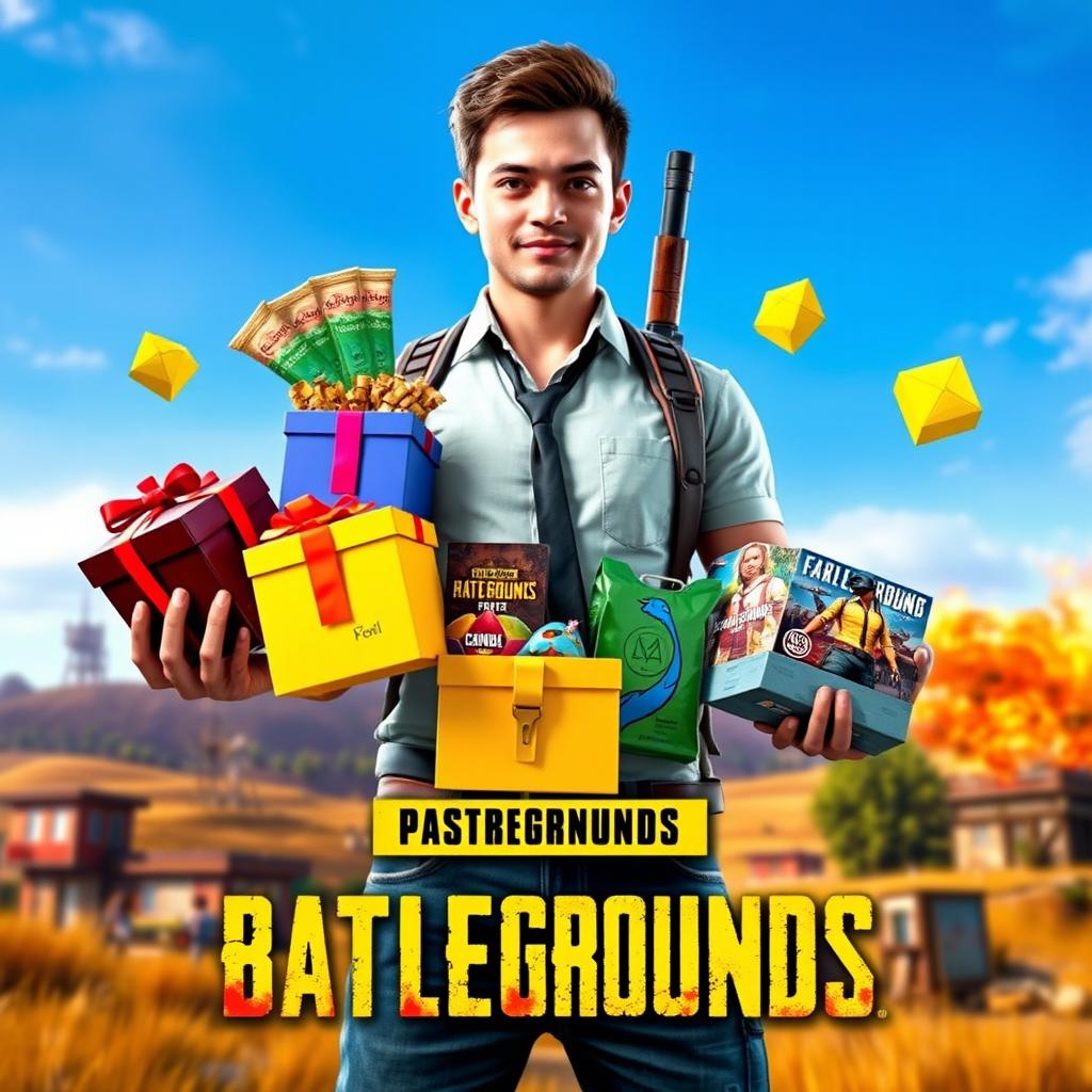 A person holding gaming rewards from PUBG, showcasing various colorful loot crates and in-game items