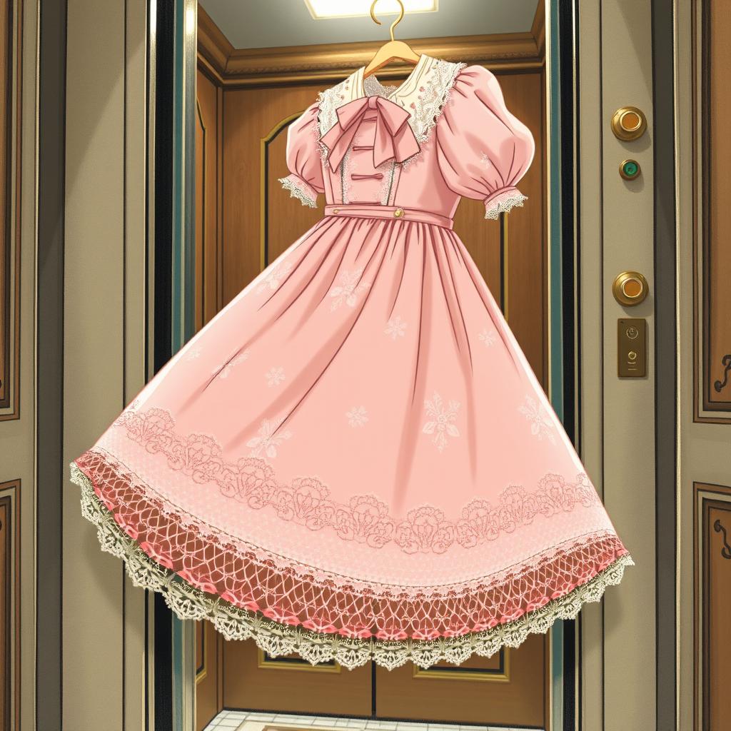 A whimsical illustration of a vintage lolita dress, torn at the hem, with intricate lace and ribbon details