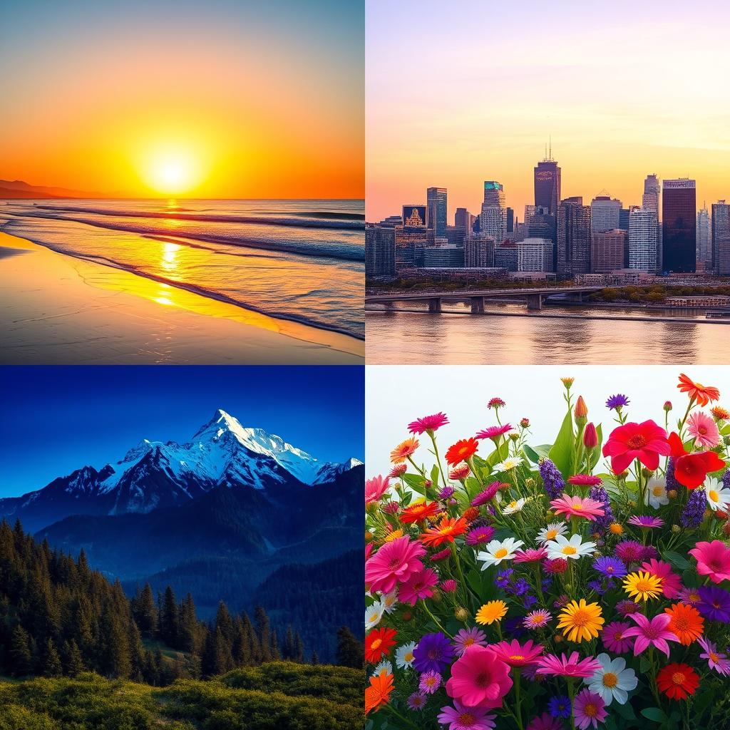 A visually stunning collage combining aspects from four distinct photos, seamlessly blending the elements into a harmonious composition