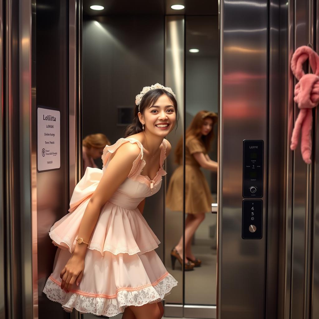 A whimsical and playful scene featuring a young woman in an elegant Lolita dress, with frills and lace detailing, enjoying a moment as the elevator door opens
