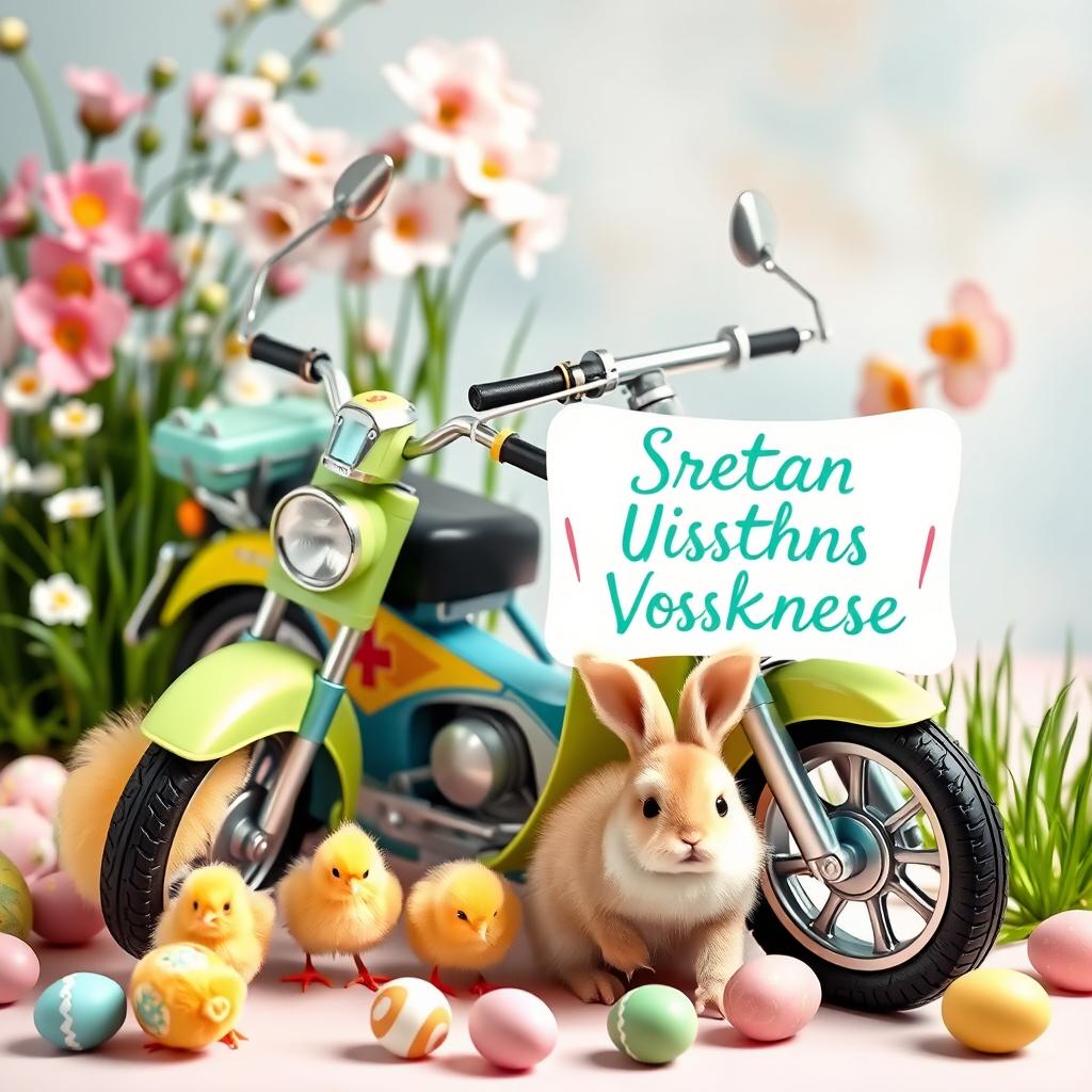 A vibrant Easter-themed scene featuring a colorful motorbike surrounded by cute chicklets and a fluffy rabbit