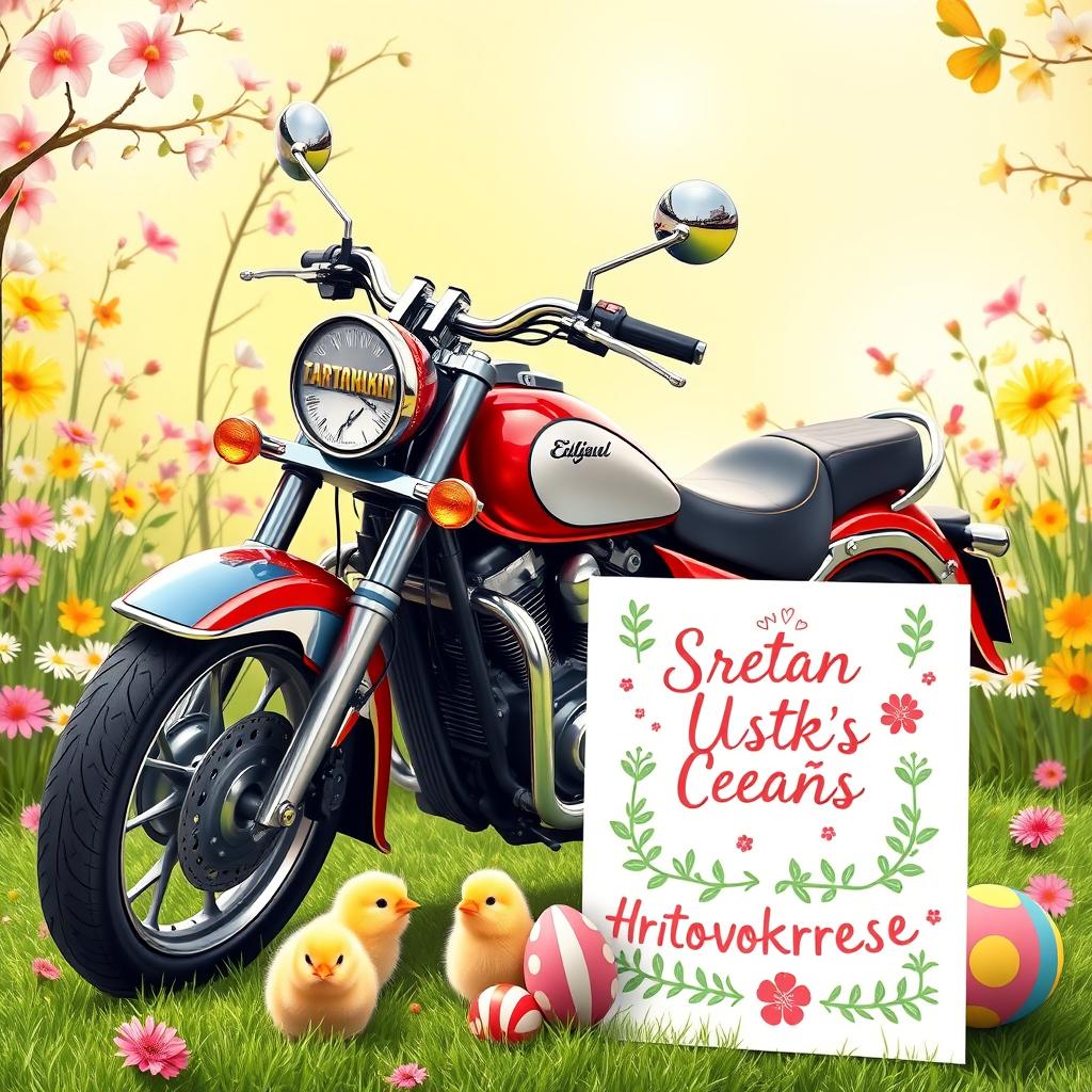 A vibrant Easter scene featuring a classic motorcycle alongside cute chicks and a rabbit celebrating the holiday