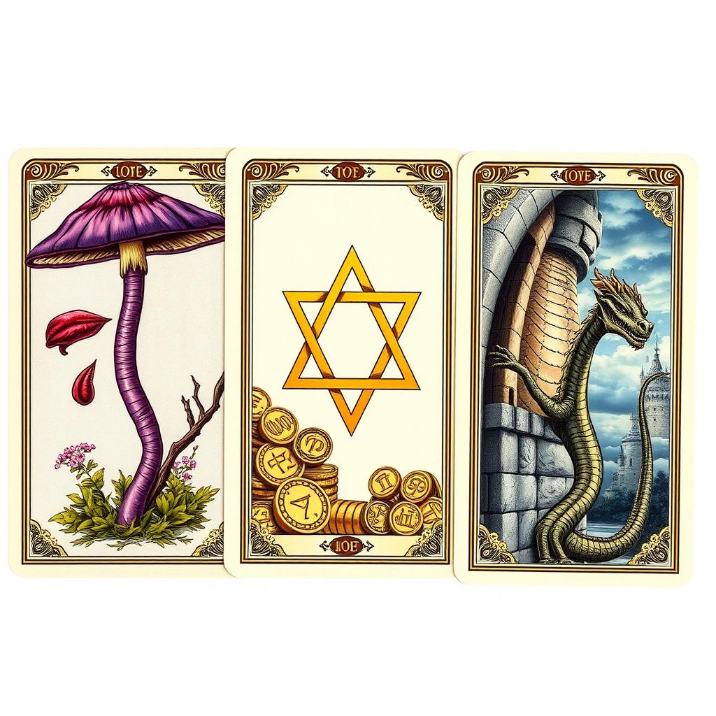Three professional-looking tarot cards displayed horizontally, each clearly visible with distinct illustrations: 1) A card depicting a purple poisonous mushroom with a whimsical design, entwined with a romantic theme, symbolizing love and danger