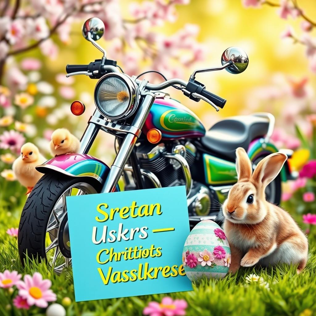 A lively Easter-themed image showcasing a classic motorcycle accompanied by adorable chicks and a friendly rabbit