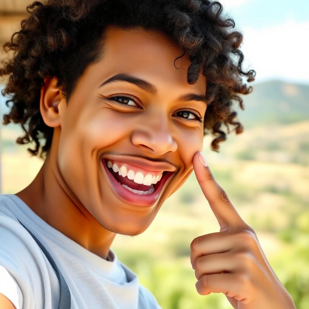 A cheerful individual smiling widely while pointing towards a corner of the image