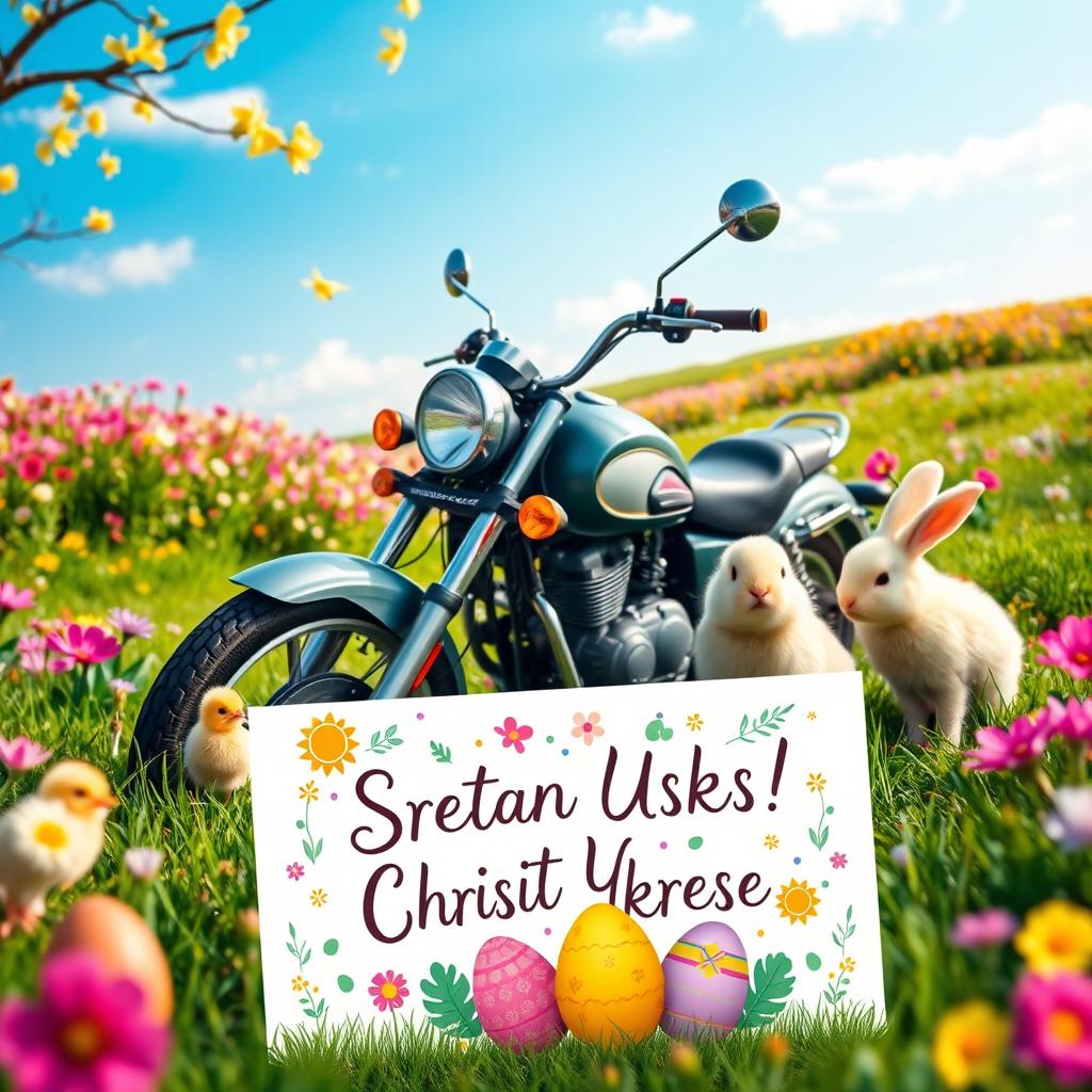 An artistic Easter scene featuring a motorcycle parked in a vibrant spring landscape, surrounded by cute baby chicks and a fluffy rabbit