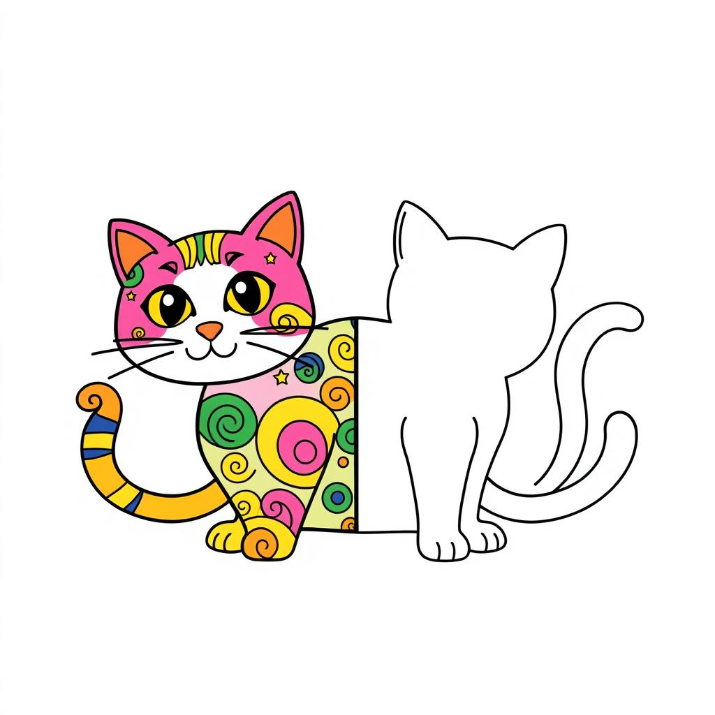 A unique coloring book page featuring a stylized cat split in two down the middle