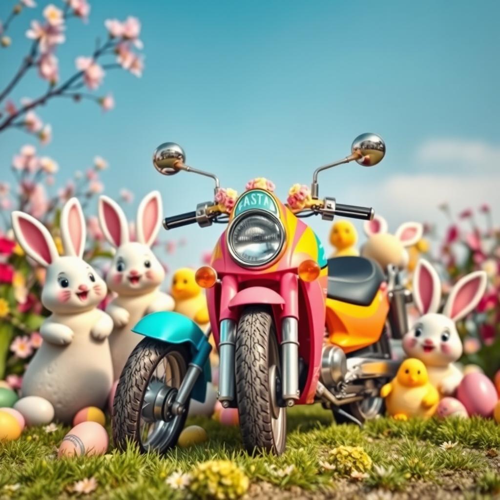A vibrant and festive Easter-themed scene featuring a colorful motorcycle positioned prominently in the foreground