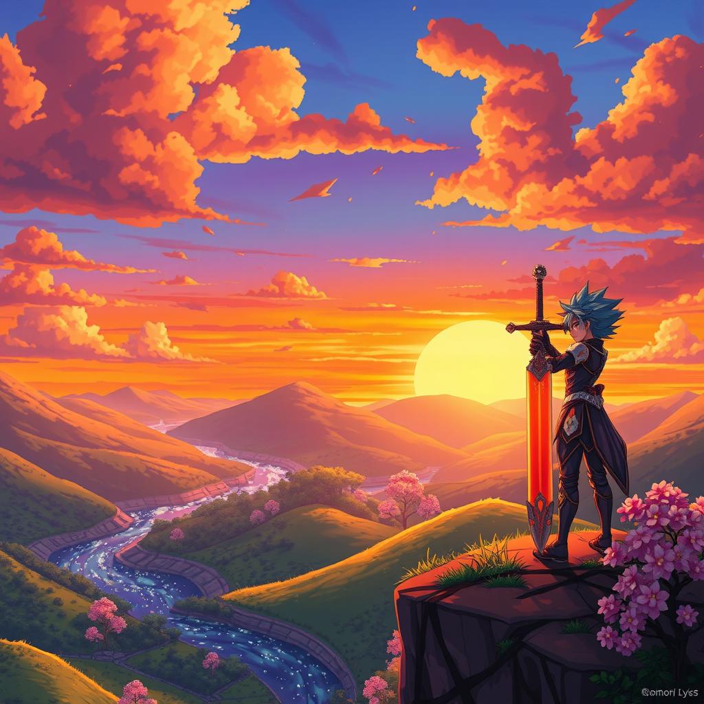 A vibrant anime scene showcasing a fantastical landscape with lush green hills, a sparkling river, and a dramatic sunset sky painted in shades of orange and purple