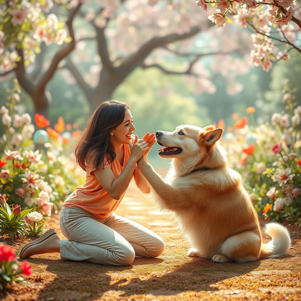A surreal and imaginative scene featuring a woman engaging in playful interaction with a large, friendly dog in a whimsical, dreamlike environment
