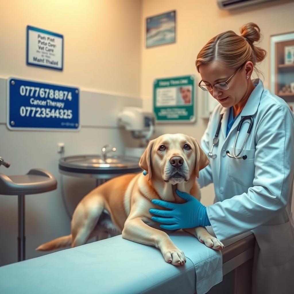 A serene and comforting veterinary clinic environment depicting a compassionate veterinarian administering treatment to a dog receiving cancer therapy