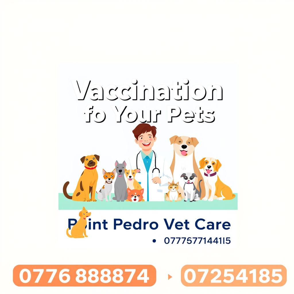 An informative and visually appealing poster about pet vaccinations, featuring a welcoming veterinary clinic named 'Point Pedro Vet Care' located in Manthikai