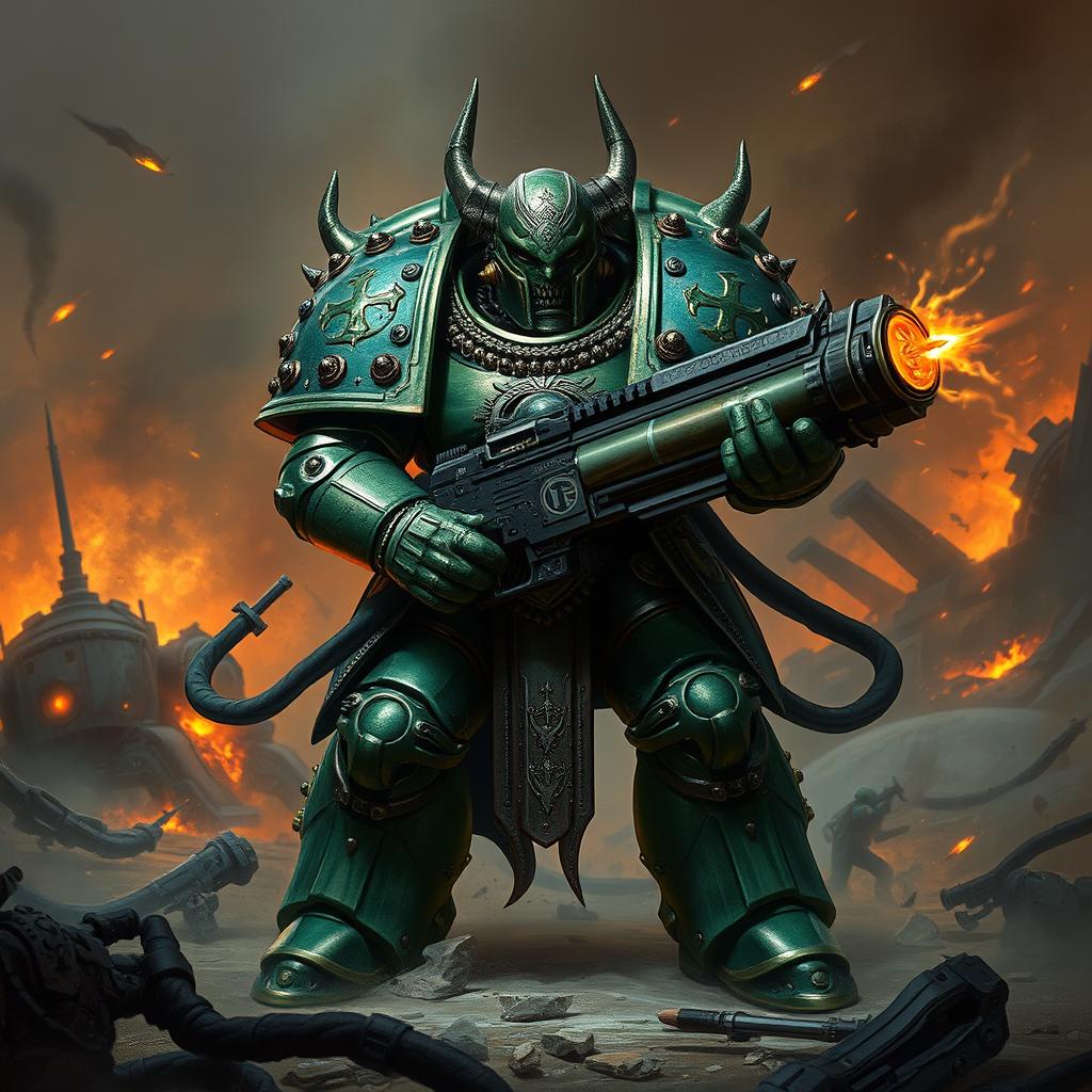A formidable Chaos Space Marine belonging to the Sons of Horus chapter, clad in intricate green and metallic armor adorned with menacing symbols