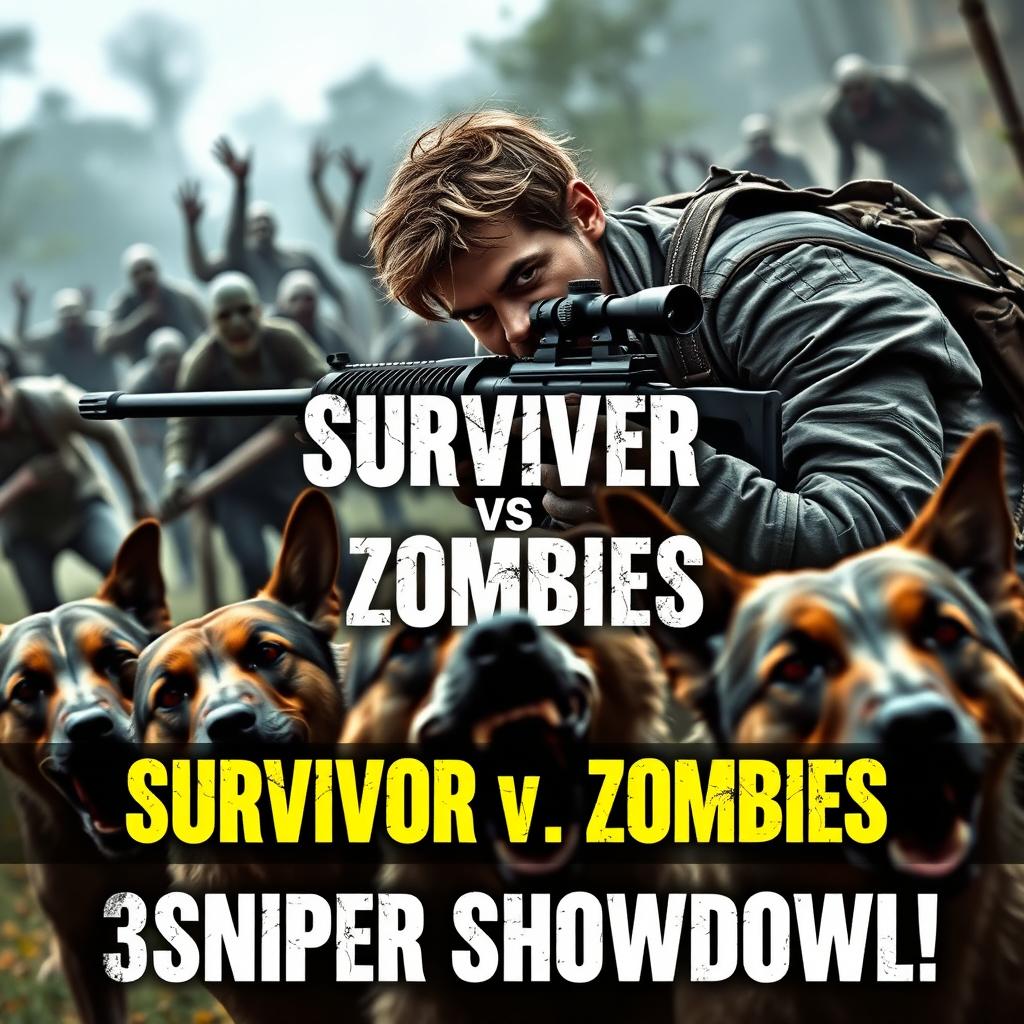 A dynamic YouTube thumbnail featuring a survivor equipped with a sniper rifle in a post-apocalyptic zombie world