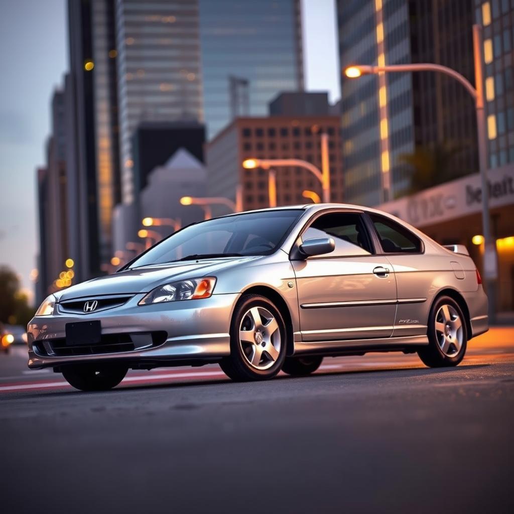 A sleek, silver 2004 Honda Civic ES parked on a modern city street during sunset