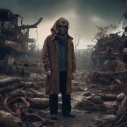 A Lovecraftian/Stephen King-inspired image of an decayed junkyard worker surrounded by disturbingly-patterned, rusted junkyard elements invoking trypophobia, cloaked in an ominous and unsettling atmosphere of cosmic dread.