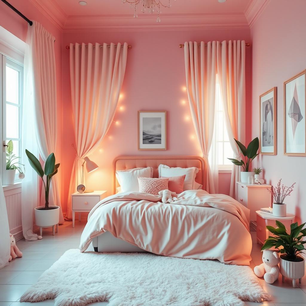 A beautifully designed pink room, featuring soft pastel pink walls, a cozy bed with fluffy pillows and a soft pink blanket, elegant curtains, a stylish bedside table with a chic lamp, and framed artwork on the walls