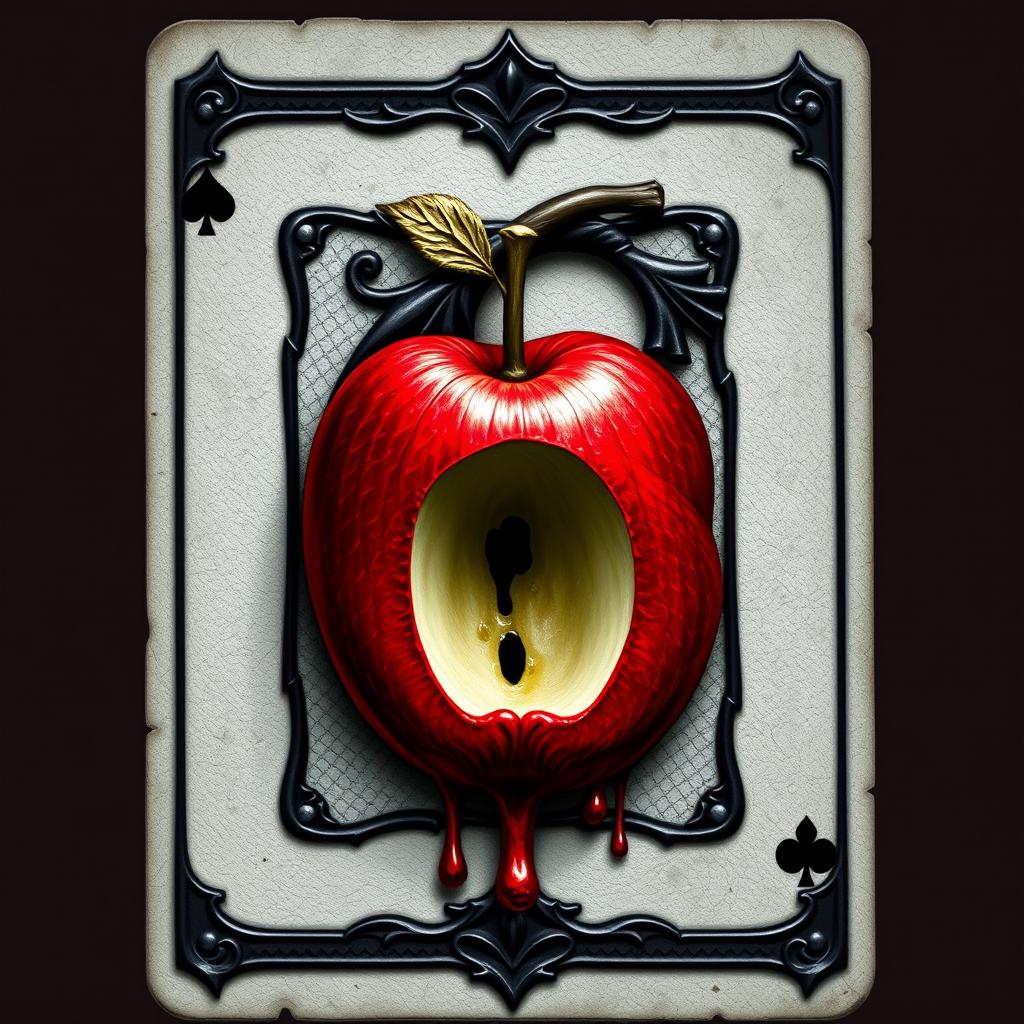 A detailed depiction of an evil queen's playing card featuring the number '6', cleverly integrated with a blood-red apple core shaped as part of the number