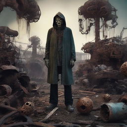 A Lovecraftian/Stephen King-inspired image of an decayed junkyard worker surrounded by disturbingly-patterned, rusted junkyard elements invoking trypophobia, cloaked in an ominous and unsettling atmosphere of cosmic dread.