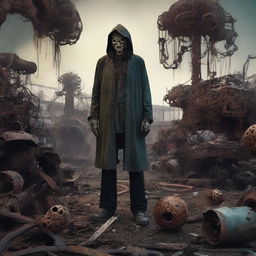 A Lovecraftian/Stephen King-inspired image of an decayed junkyard worker surrounded by disturbingly-patterned, rusted junkyard elements invoking trypophobia, cloaked in an ominous and unsettling atmosphere of cosmic dread.