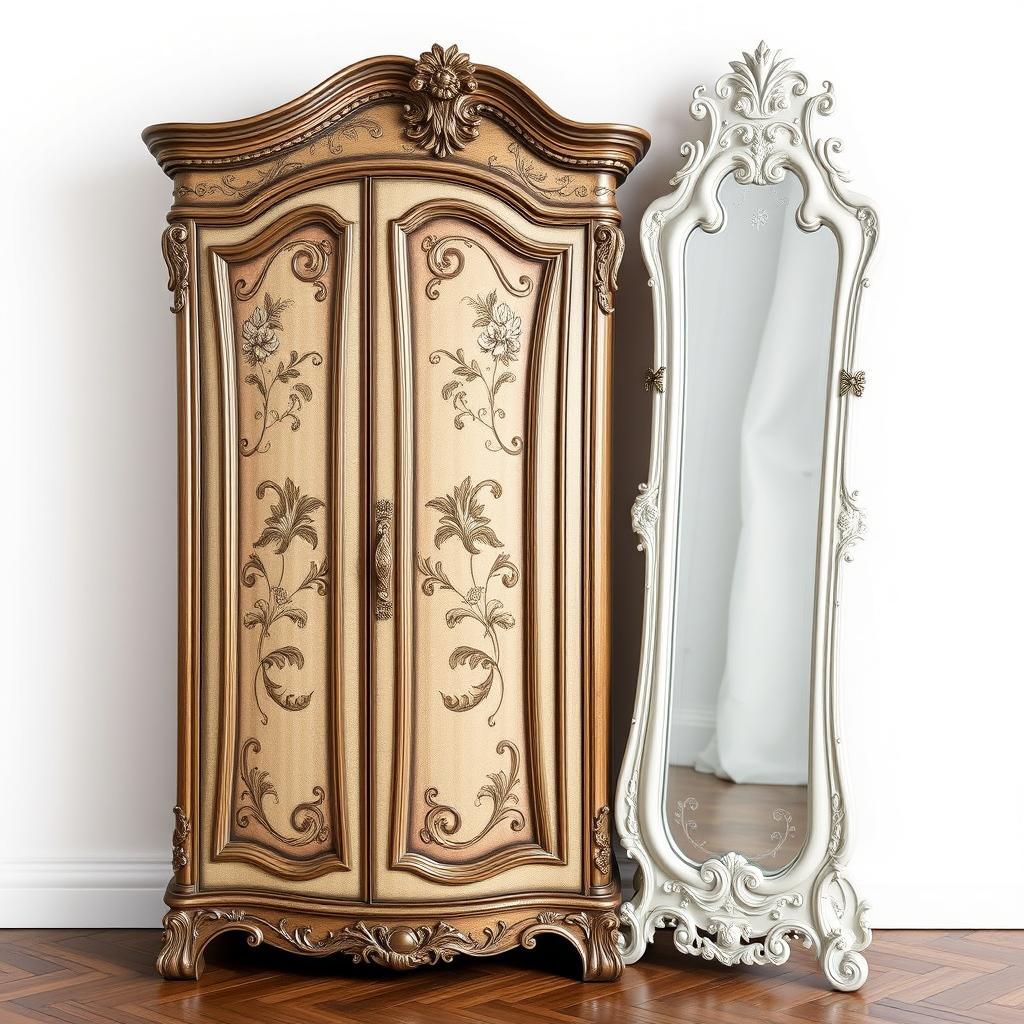 A classic fantasy wardrobe, beautifully designed with intricate floral engravings, accompanied by a tall white mirror