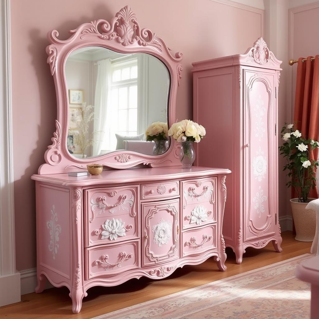 A classic fantasy dresser featuring elegant and ornate designs, painted in a soft pink color