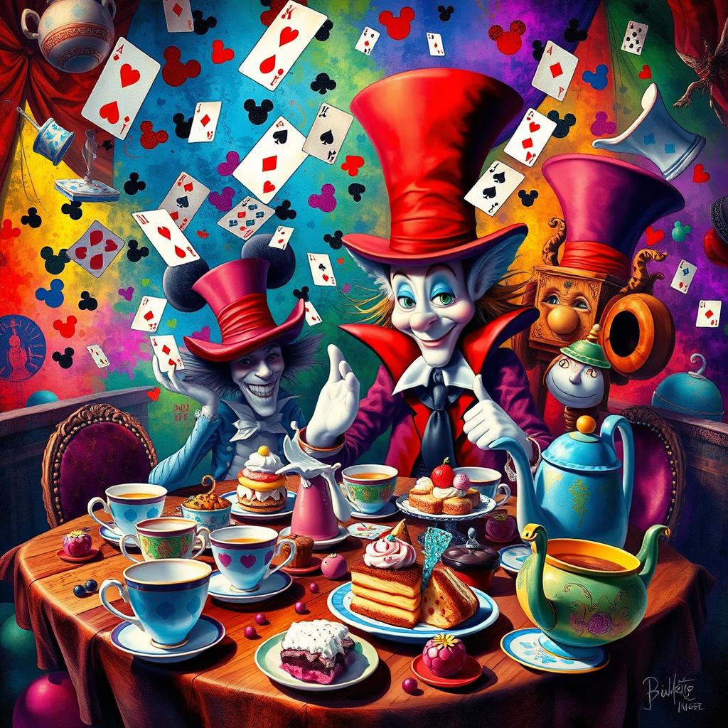 A chaotic Mad Hatter tea party from Alice in Wonderland, featuring whimsical elements of Disney surrealism