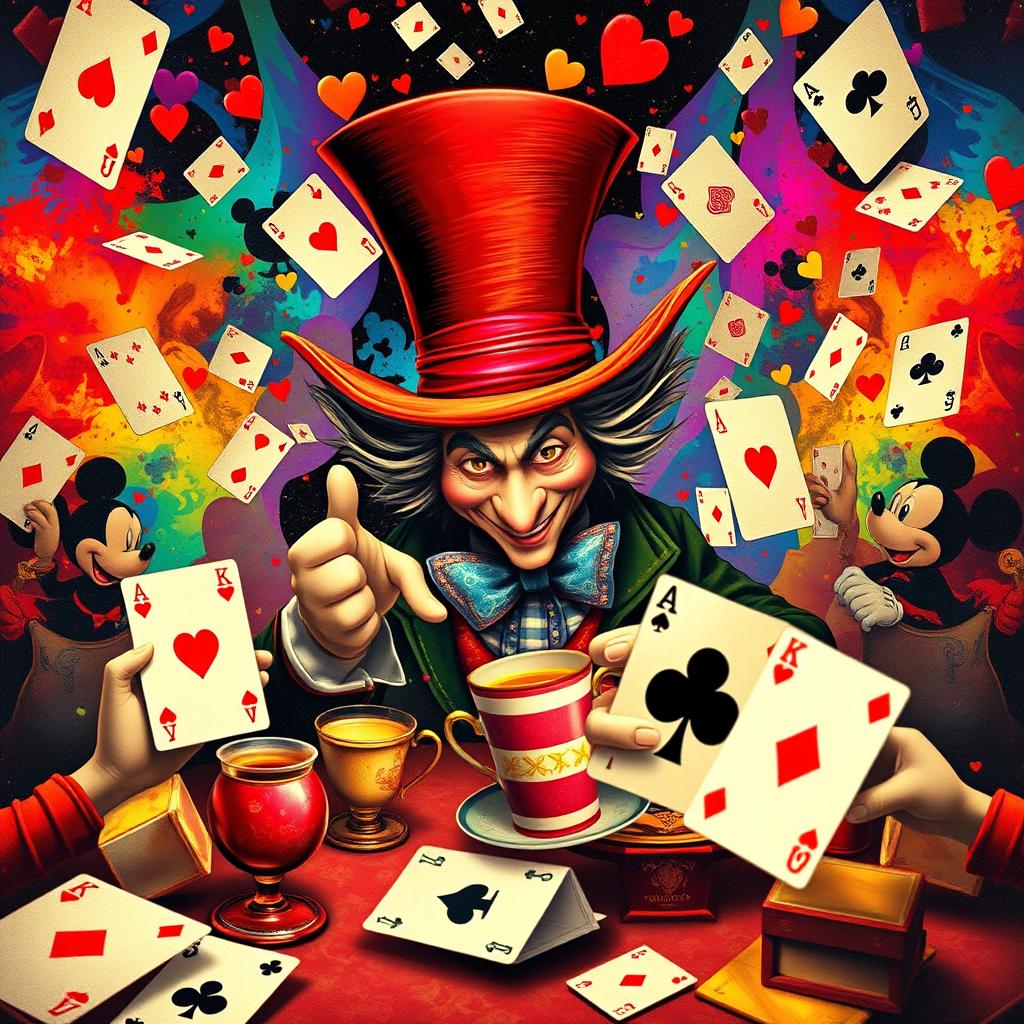 A chaotic tea party scene inspired by the Mad Hatter from Alice in Wonderland, infused with Disney surrealism