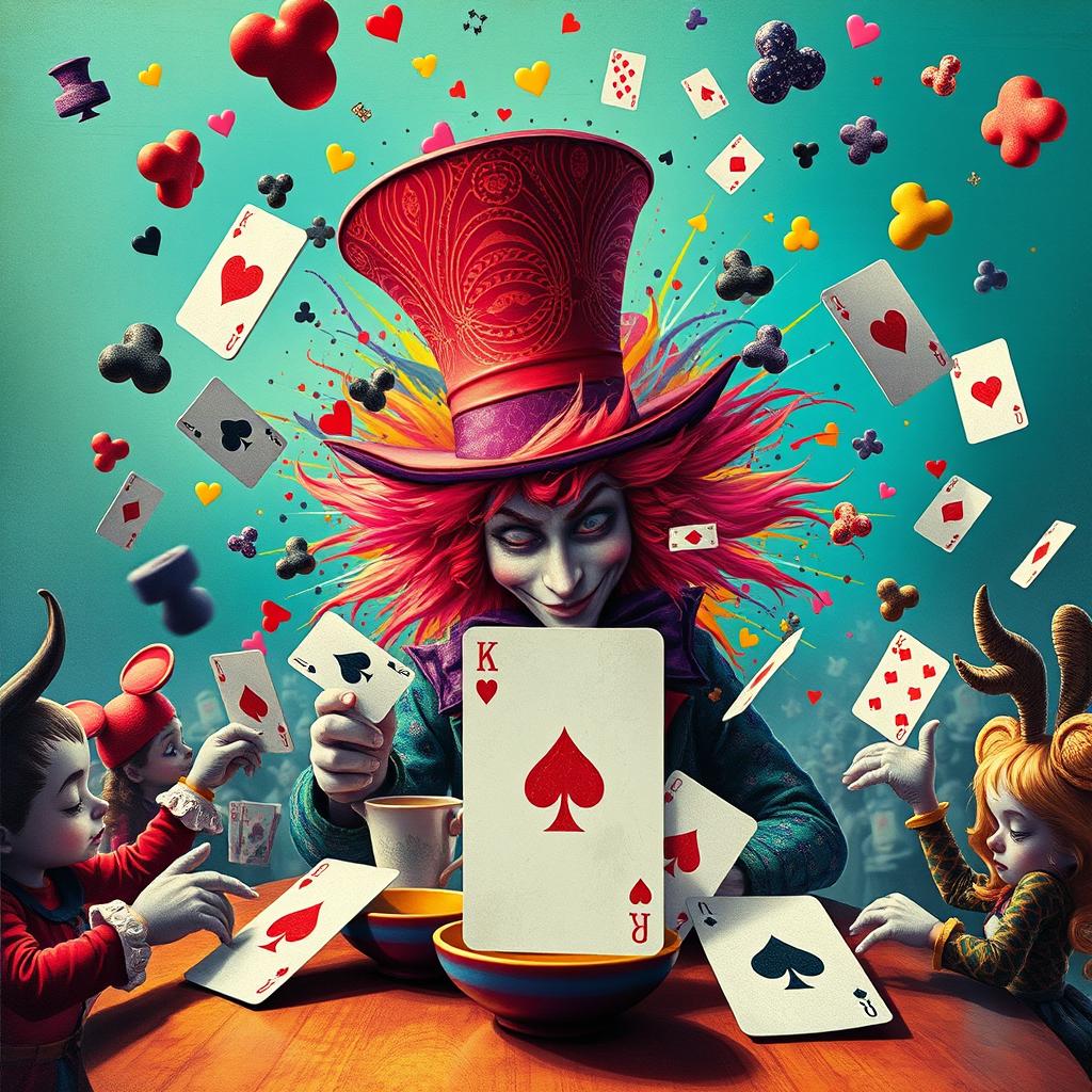 A vibrant scene depicting a chaotic Mad Hatter tea party from Alice in Wonderland, infused with Disney surrealism