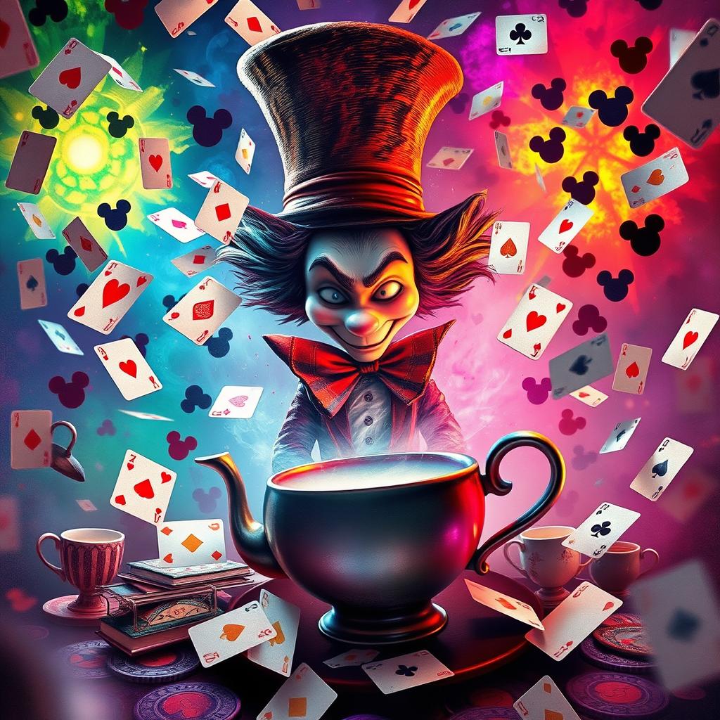 A chaotic Mad Hatter tea party scene inspired by Disney, featuring a whimsical array of mismatched playing cards flying through the air, showcasing vivid psychedelic colors and an explosion of vibrant hues