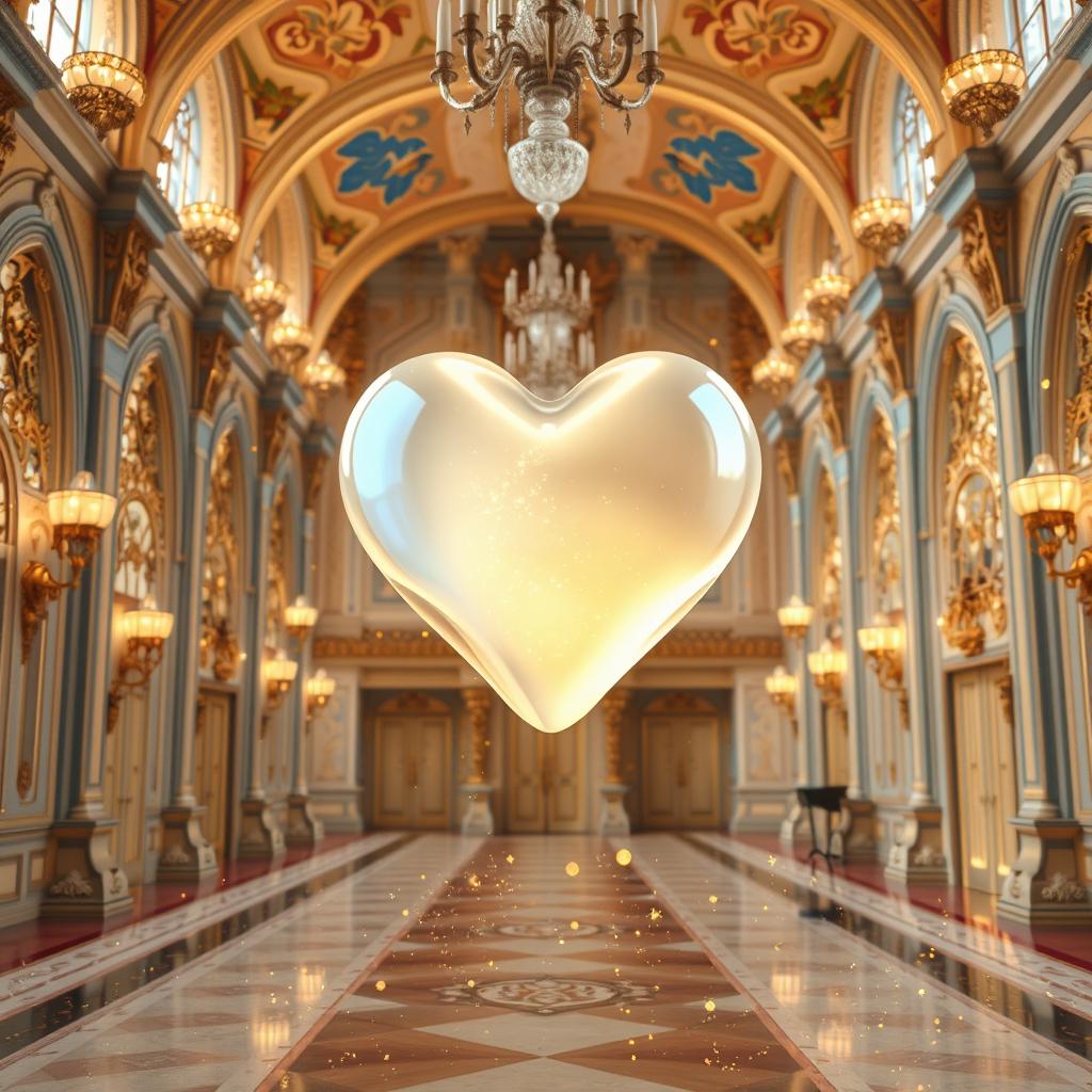 A magical glass heart floating gracefully in the grand hall of Cinderella's castle, surrounded by an enchanting atmosphere filled with golden sparkles