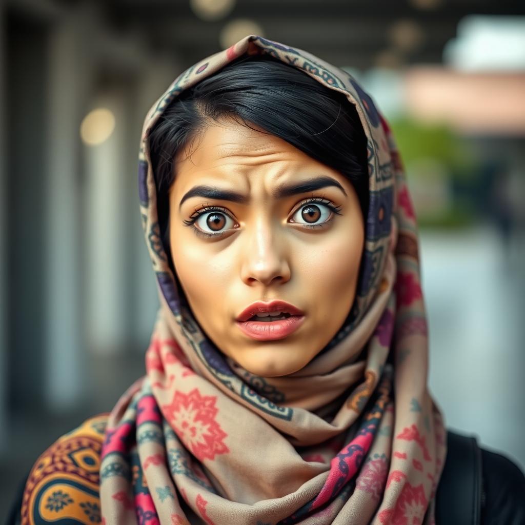 A young woman wearing a colorful hijab with a shocked facial expression