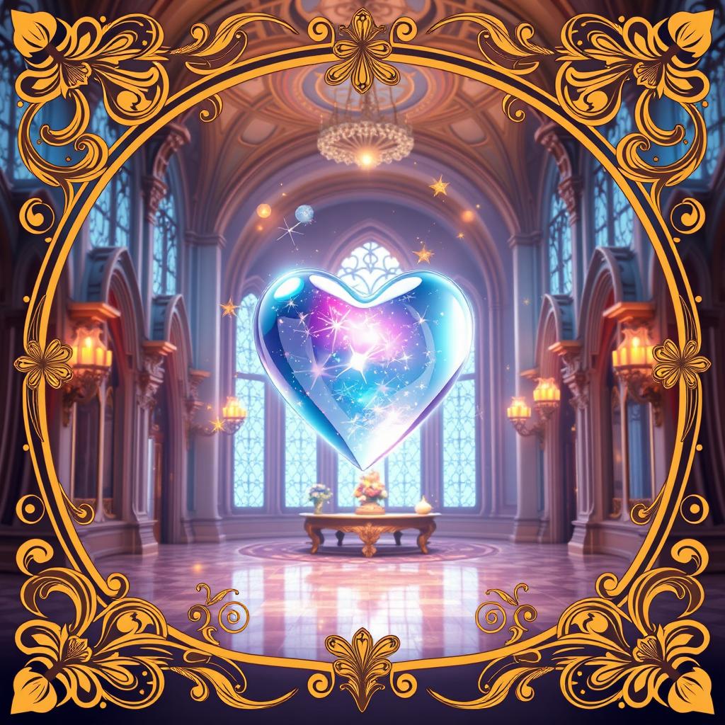 A magical glass heart floating gracefully in the grand hall of Cinderella's castle, surrounded by enchanting golden sparkles