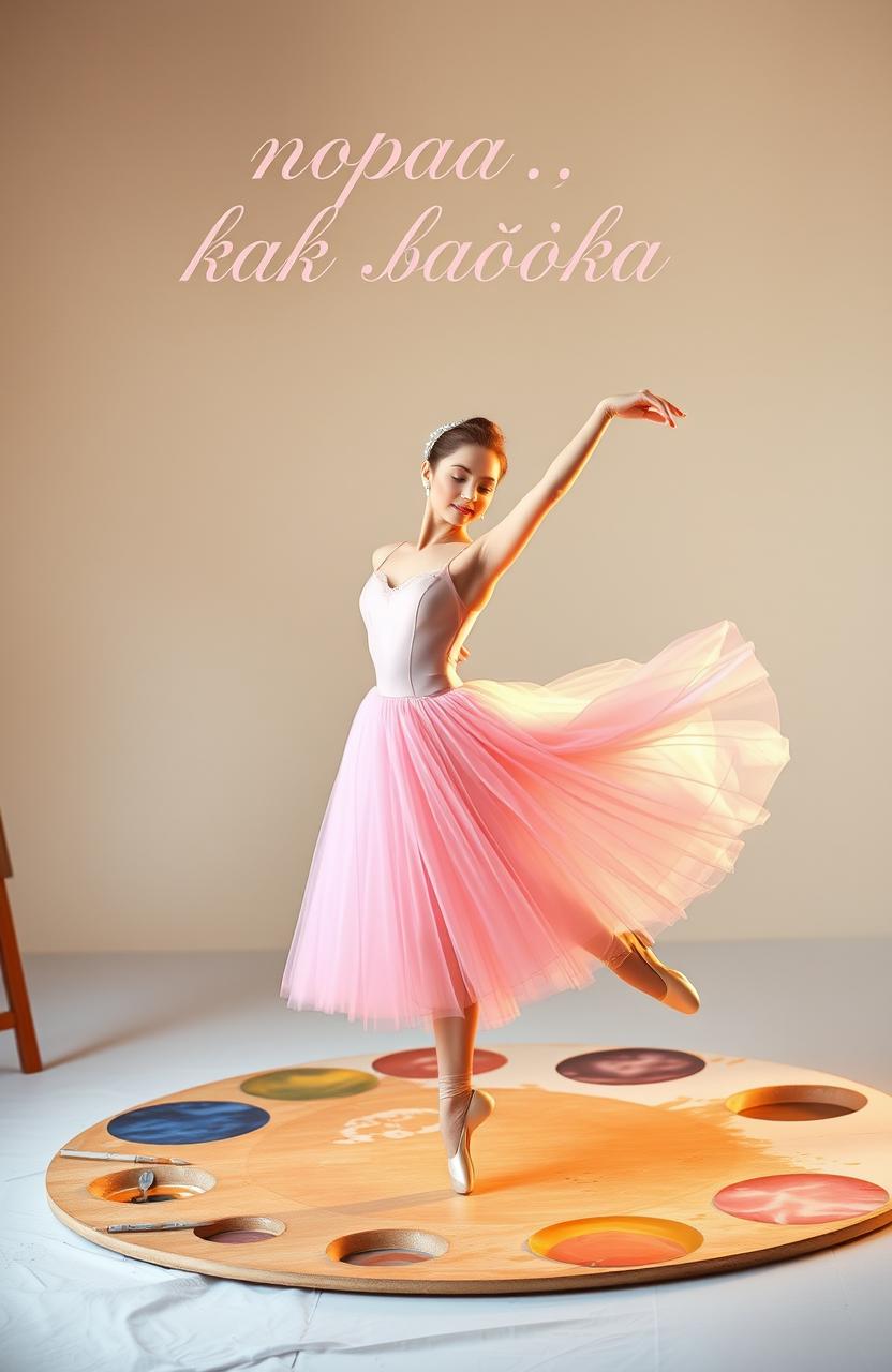 A graceful ballerina dressed in a soft pink tutu, elegantly dancing on a large artist's palette