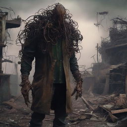 A Lovecraftian/Stephen King-inspired image of an decayed junkyard worker surrounded by disturbingly-patterned, rusted junkyard elements invoking trypophobia, cloaked in an ominous and unsettling atmosphere of cosmic dread.