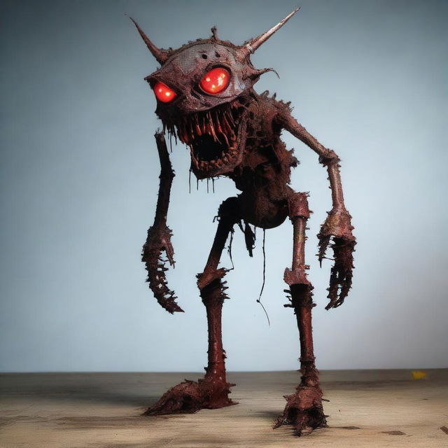 The amalgamation of rusted metal and discarded junk, formed into a frightful figure known as Junkyard Johnny. A horror monster characterized by gnashing metal teeth, unevenly welded body, and glowing red eyes.