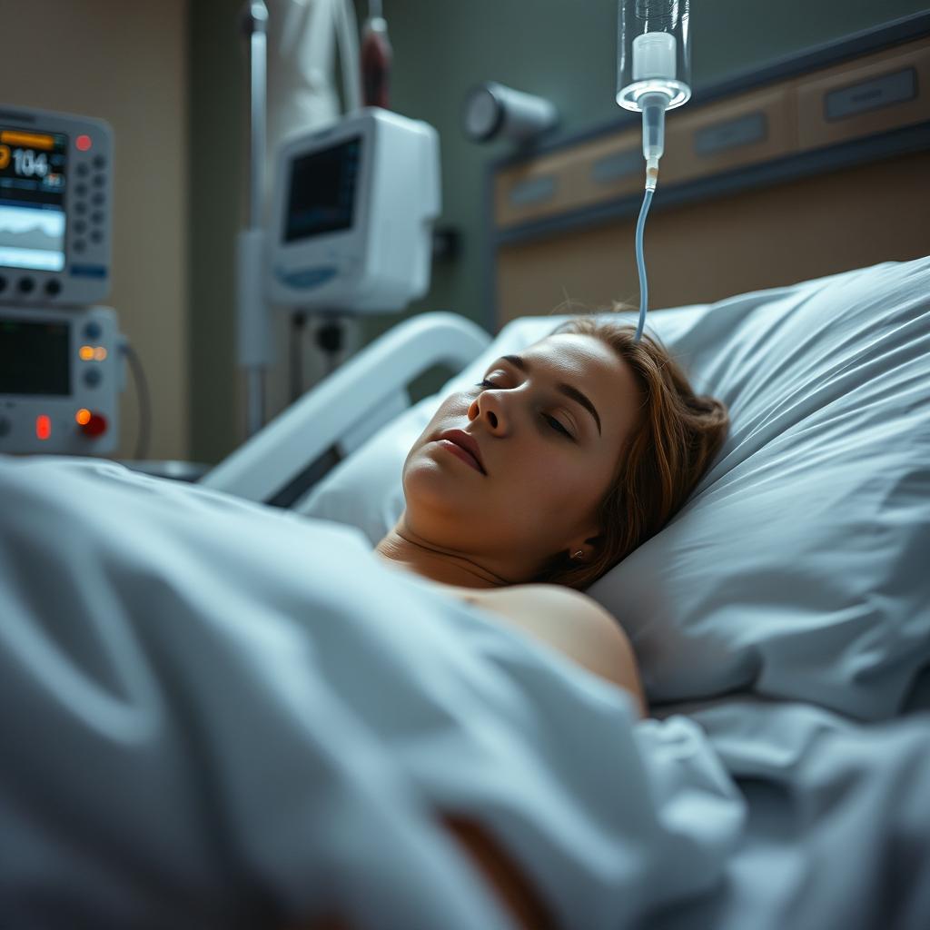 An intimate and softly lit hospital room, where a patient is lying on a hospital bed