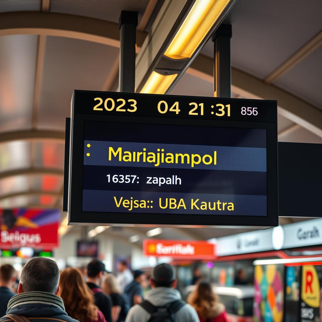 A bus station in a vibrant city, showcasing the departure board clearly displaying the upcoming bus schedule