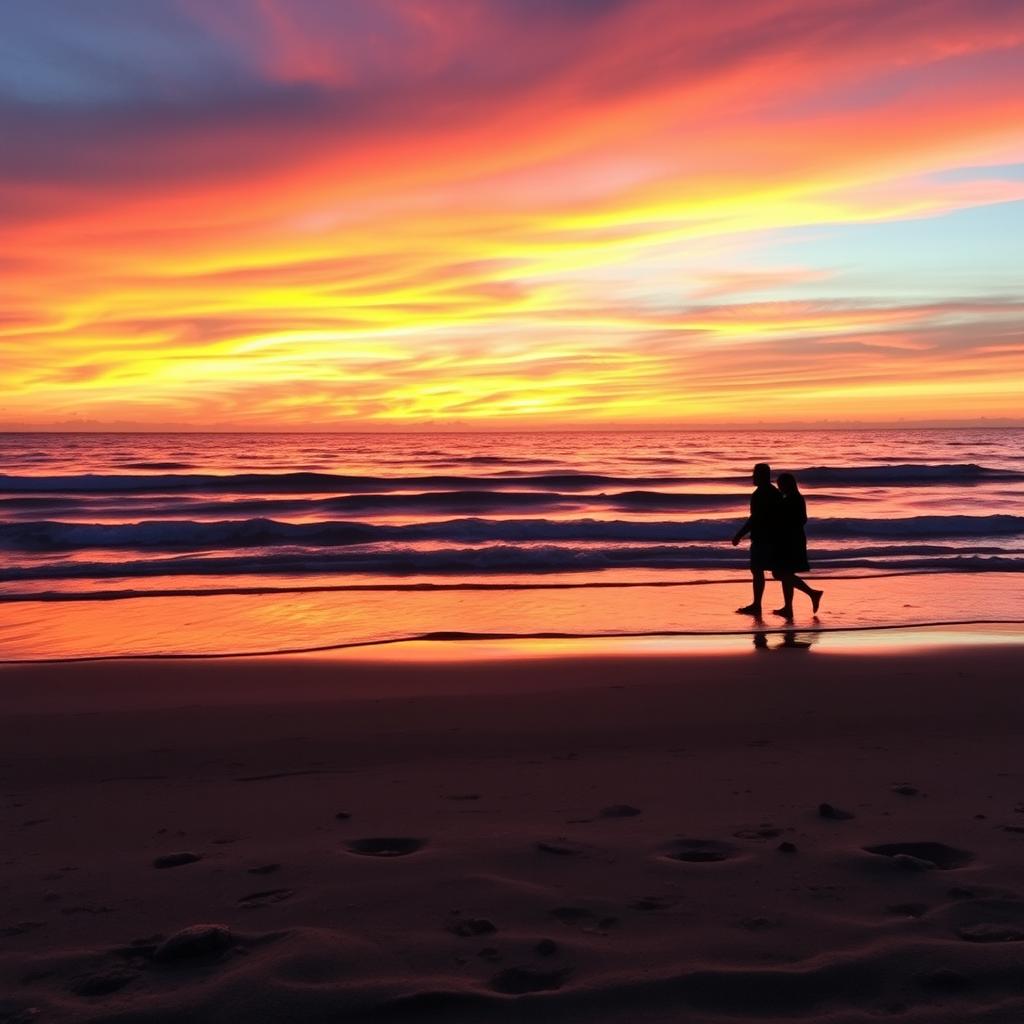 A breathtaking sunset over a serene beach, with soft waves gently lapping at the shore
