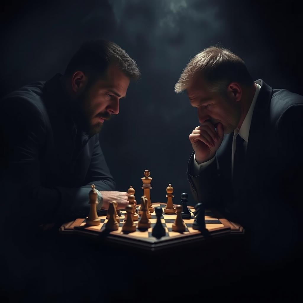 Two men in a darkened setting intensely focused on a chessboard