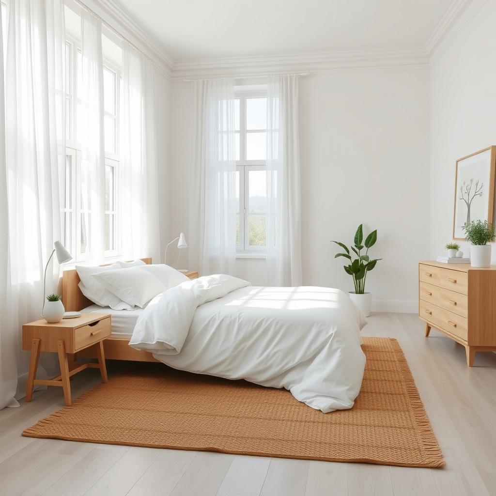 A bright and airy Nordic-style bedroom featuring a predominantly white color scheme