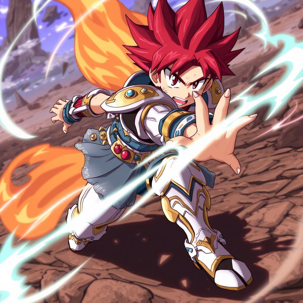 An anime character in a dramatic battle pose, showcasing their agility and strength