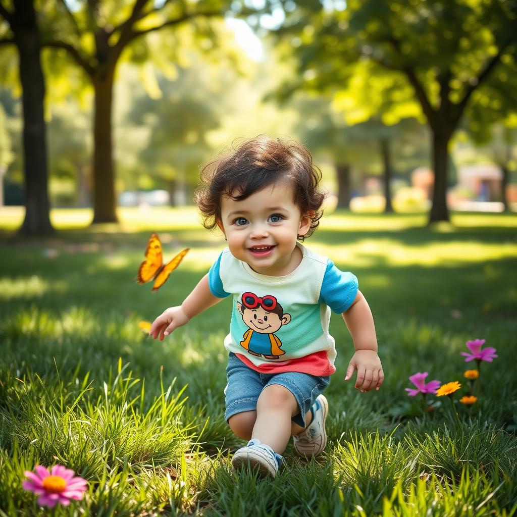 a natural, realistic depiction of a 5-year-old child playing in a sunny park