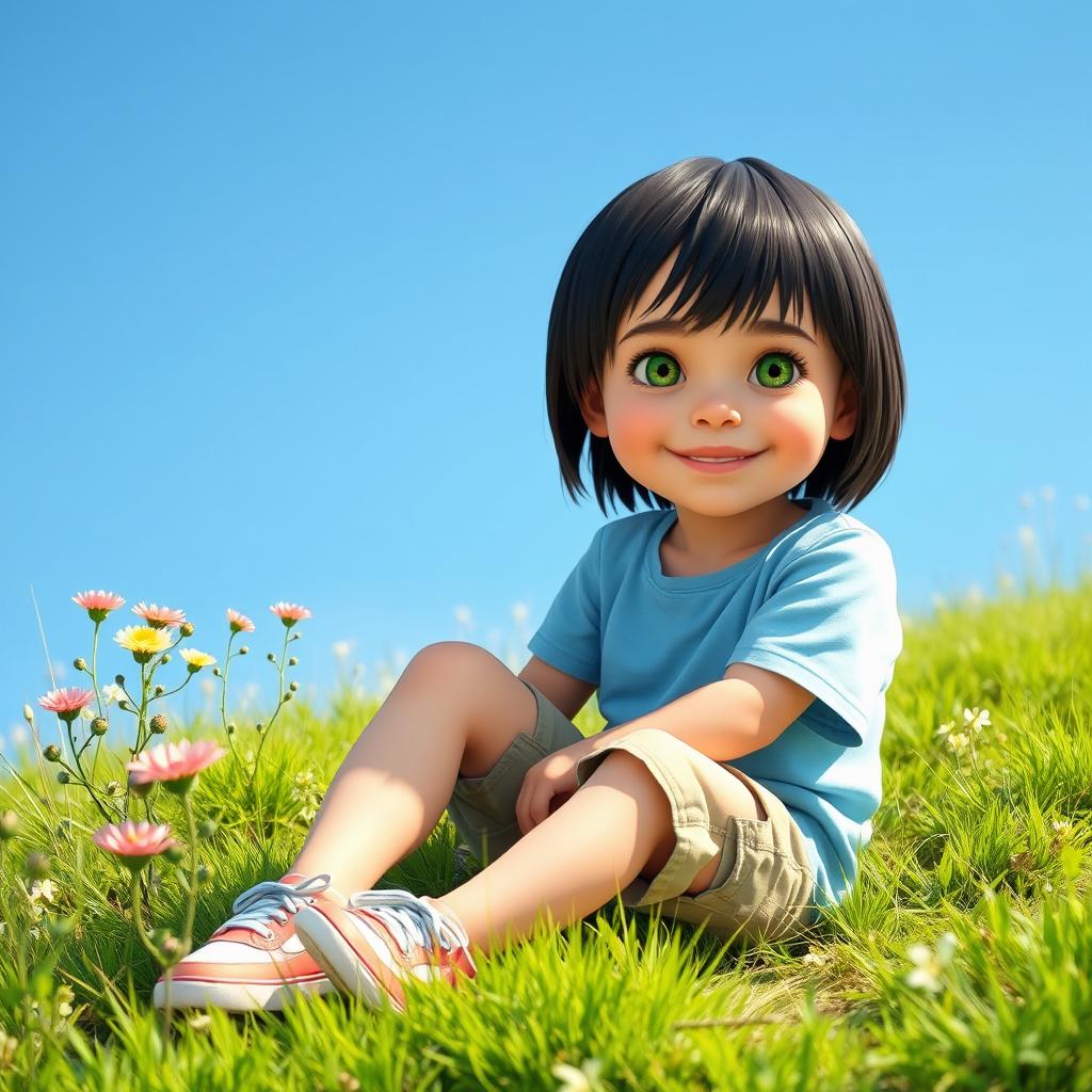 a natural, realistic depiction of a 10-year-old child sitting on a grassy hill, enjoying a sunny day