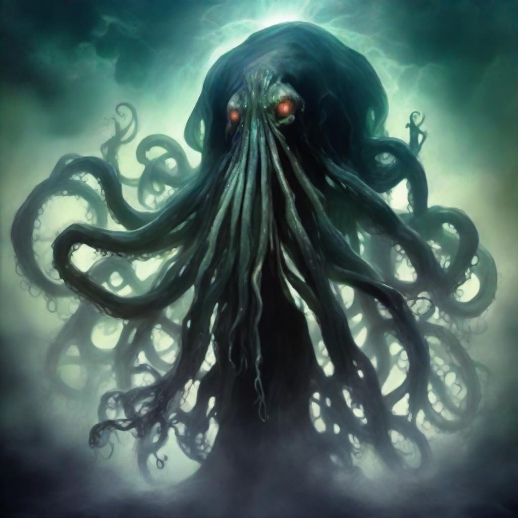 A Lovecraftian representation of the 'Mother of All Fears', a colossal, otherworldly entity cloaked in shadow and mist, tentacles writhing, eyes that are galaxies of terror, emanating a chilling aura of omnipotent dread.